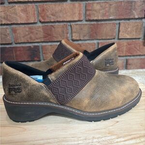 TIMBERLAND PRO RIVETER ALLOY SAFETY BROWN LEATHER WORK SHOES SLIP ON CLOGS SZ 9